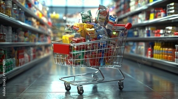 Fototapeta Shopping cart filled with items and groceries ready for purchase. Supermarket trolley full of goods