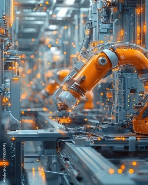 Fototapeta Close-up of an advanced robotic arm in a high-tech production facility, showcasing intricate machinery and glowing components.