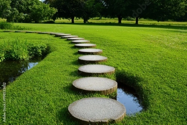 Fototapeta Stepping Stones in Lush Garden, tranquil path over green grass, serene landscape with reflective water and trees
