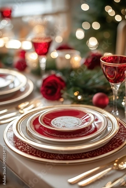 Fototapeta Festive Holiday Dinner Table with Pinecones and Red Glassware
