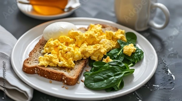 Obraz Scrambled eggs on toast with spinach and a boiled egg