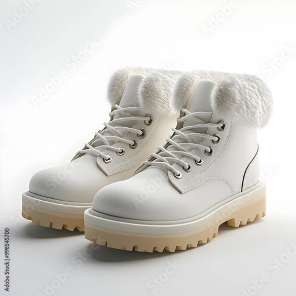 Fototapeta Cozy Winter Boots with Plush Faux Fur Lining on Pristine White Background