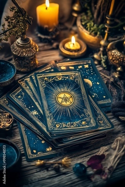 Fototapeta Elegant tarot cards and mystical candles arranged on a wooden table in a dimly lit space