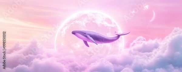 Fototapeta a whale jumping over the moon, with a pink sky and clouds