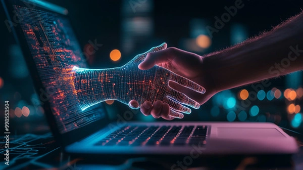 Fototapeta A hand emerging from a laptop shakes a human's hand. A handshake between AI and a human. An AI encounters a human. Humanoid AI, futuristic image, future of AI 