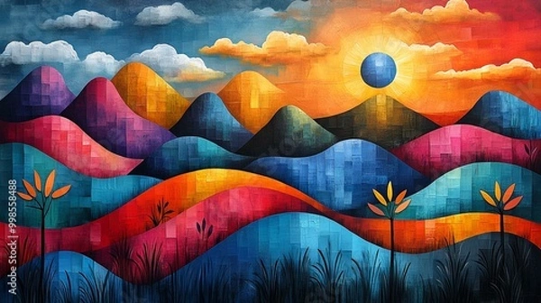 Obraz this Cubism-style country landscape illustration of Myanmar, with unique abstract forms and hues.