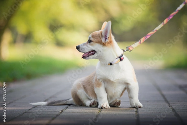 Obraz portrait of red and white female pembroke welsh corgi puppy sitting on the road with open mouth in summer park