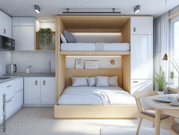 Fototapeta Cozy Scandinavian small studio apartment featuring light wood furniture and smart design elements