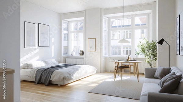 Fototapeta A bright, minimalist studio apartment with sleek furniture, light wooden floors, and white walls. The bed, sofa, and small dining table are arranged efficiently to maximize open space