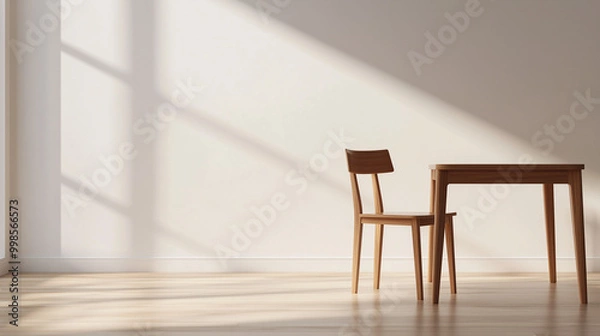 Fototapeta A clean, minimalist dining area with a simple wooden table and one sleek chair in the center of the frame. The background is empty, emphasizing the furniture’s modern design