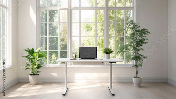 Fototapeta A clean, minimalist home office with a standing desk positioned in the center of a bright, open space. The desk holds a single plant and a laptop, keeping the room simple and functional
