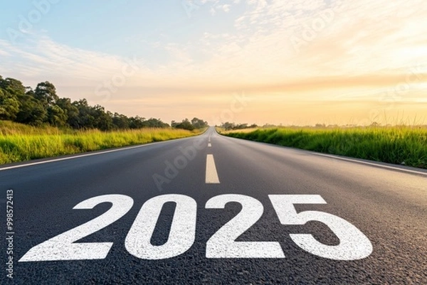 Fototapeta Open Road to 2025, Concept of Future Vision and Opportunity. Represents the journey towards the future, new opportunities, and forward planning.