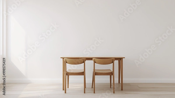 Fototapeta A dining space featuring a minimalist wooden table and two chairs, positioned in front of a blank white wall. The setup is clean, with no items on the table