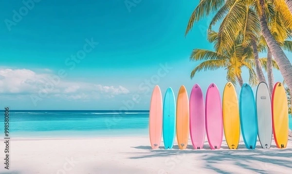 Fototapeta Colorful Paddleboards on White Sand Beach with Turquoise Sea and Palm Trees