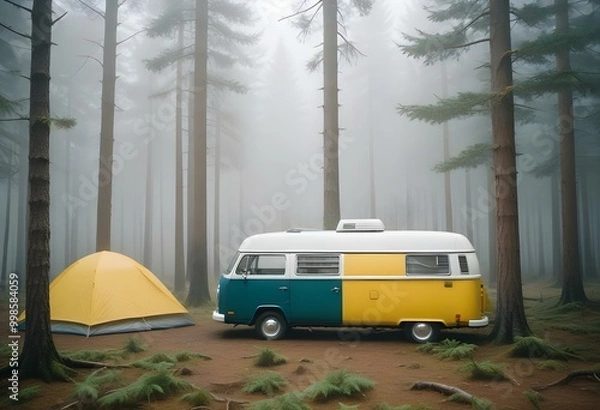 Fototapeta A white camper van parked next to a yellow tent in a forested area with pine trees