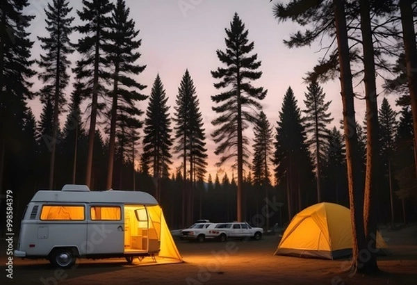 Fototapeta A white camper van parked next to a yellow tent in a forested area with pine trees