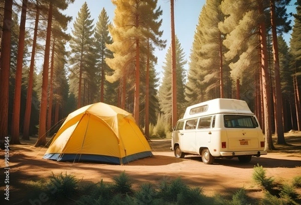 Fototapeta A white camper van parked next to a yellow tent in a forested area with pine trees