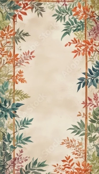 Fototapeta A vibrant floral border frames a blank space in the center, with leaves in shades of green, orange, and red surrounding the empty space