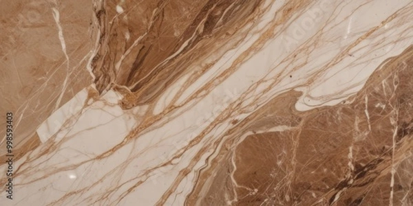 Fototapeta Marble surface with a marbled pattern of light and dark brown hues, featuring a subtle reflection of light on the left side