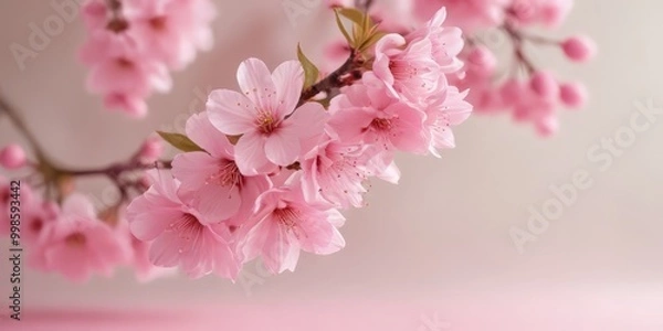 Fototapeta A close-up view branch with pink cherry blossoms against a soft pink background
