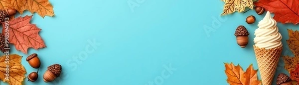 Fototapeta Ice cream cone topped with fall leaves and acorns, flat design illustration