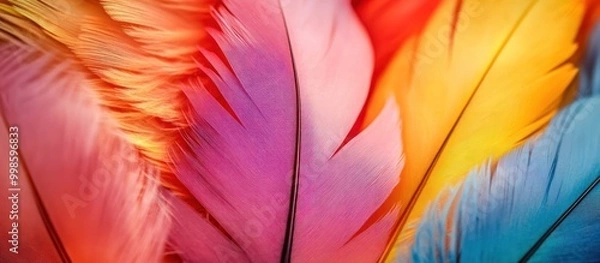 Fototapeta Vibrant feathers with colorful textures and smooth gradients in pink, red, orange, yellow, and blue.