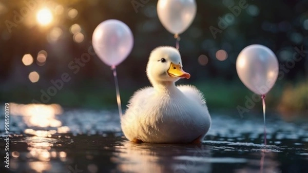 Fototapeta A cheerful duck surrounded by colorful balloons, gently floating on a calm body of water.