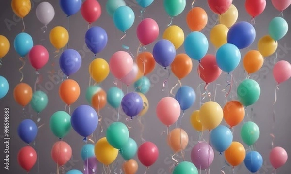 Fototapeta A multitude of colorful balloons, including red, blue, yellow, and green, are suspended in the air against a gray background