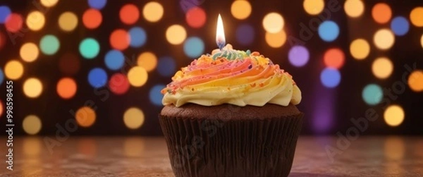 Fototapeta A chocolate cupcake with a single lit candle sits on a wooden surface, surrounded by a background of colorful bokeh lights