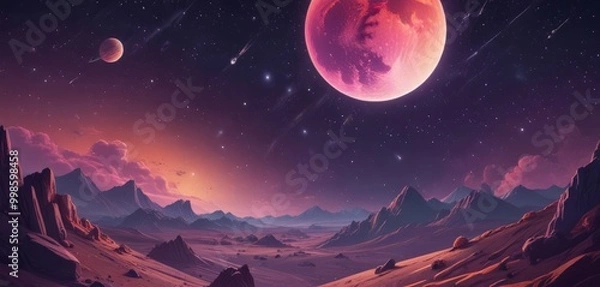 Fototapeta A surreal, fantastical landscape with a large, glowing red planet dominating the sky, surrounded by smaller planets and comets, with mountains and a desert in the foreground