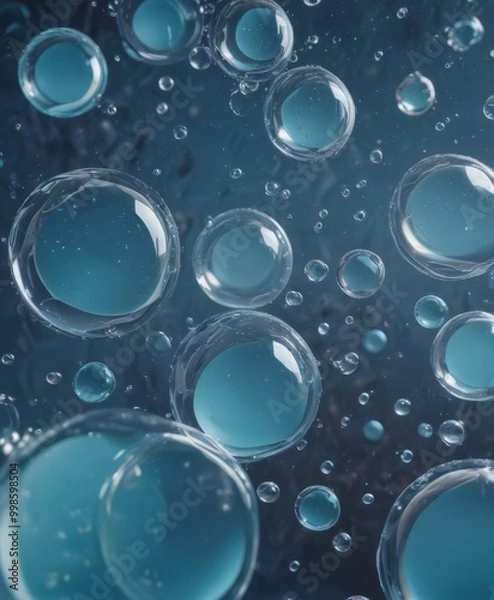 Fototapeta a close-up view of numerous transparent water droplets scattered across a dark background, creating a sense of depth and movement
