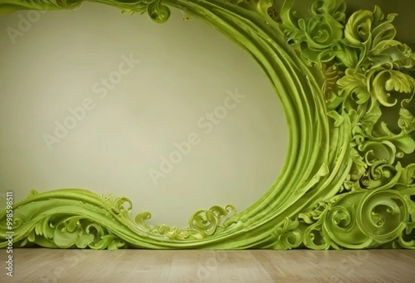 Fototapeta a large, ornate green sculpture with a curved, wave-like design on a light-colored wall