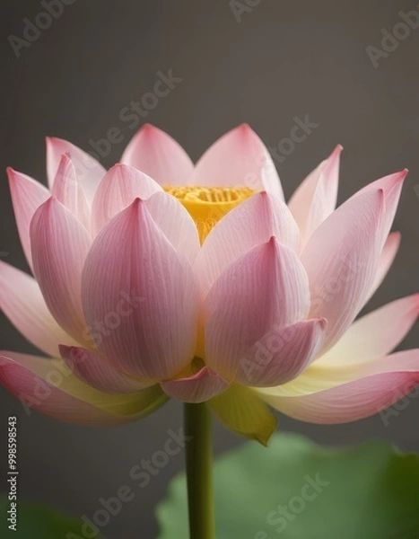 Fototapeta A close-up pink lotus flower in full bloom, with a yellow center, against a dark background