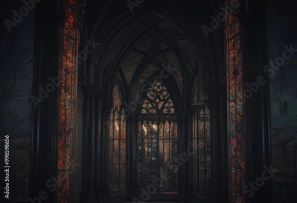 Fototapeta a dimly lit, Gothic-style interior space with a large, ornate archway featuring intricate stained glass windows