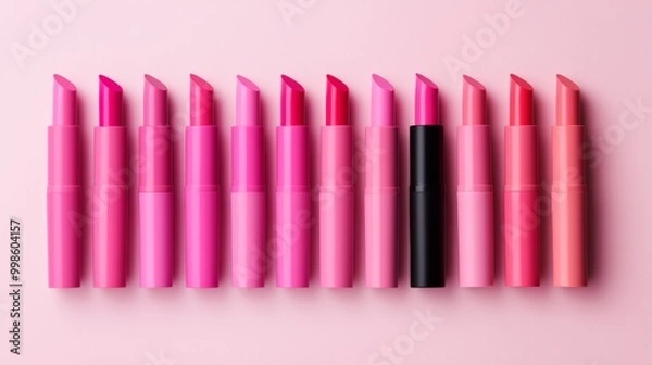 Fototapeta A collection of matte Cool Pink lipsticks, swatched to showcase their rich pigmentation and smooth texture across different pink shades.