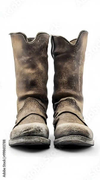 Fototapeta Worn Leather Boots with Side Zipper Displayed on Clean White Background