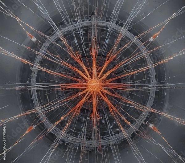 Fototapeta a complex, abstract pattern of orange and white lines radiating outwards from a central point, resembling a starburst or a burst of energy