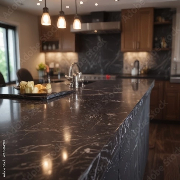 Fototapeta A modern kitchen with a large black marble countertop, wooden cabinets, and a sink with a fruit tray