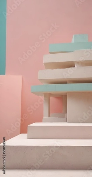 Fototapeta A minimalist architectural structure composed of stacked concrete blocks in pastel pink and blue hues, with a clean, geometric design