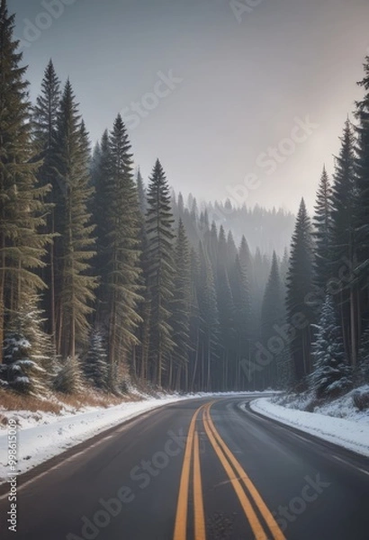 Fototapeta A winding road through a dense forest of evergreen trees, with a hazy, gray sky overhead