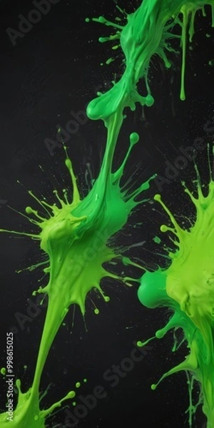 Obraz a close-up view vibrant green paint splatter against a black background The splatter is composed of numerous small droplets, creating a dynamic and visually striking