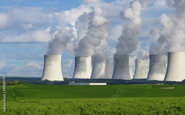 Fototapeta AI-generated nuclear power facility positioned on a lush green field