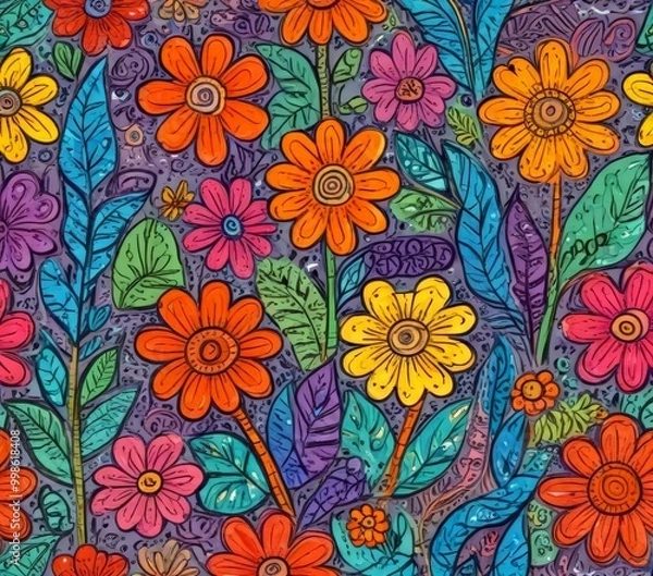 Fototapeta a vibrant, hand-drawn pattern of flowers and leaves in various shades of orange, yellow, pink, and purple against a dark purple background