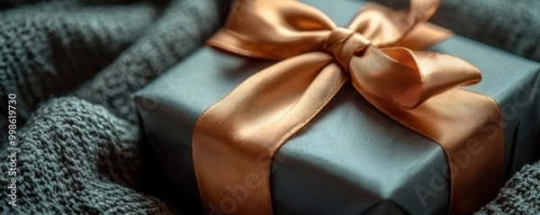 Fototapeta A stunning gift box featuring a delicate golden ribbon is carefully placed on luxurious, emerald green fabric, creating an inviting and festive atmosphere.