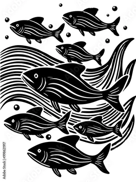 Fototapeta Abstract Underwater Scene with School of Fish and Bubbles