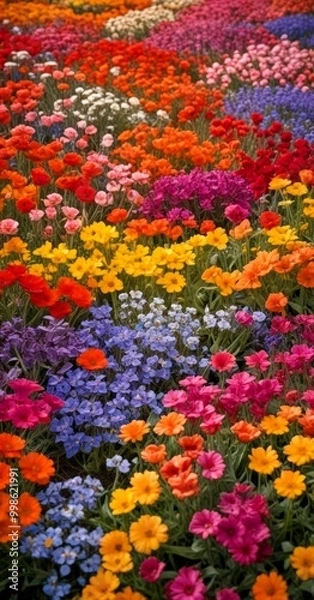 Fototapeta A vibrant field of flowers in various colors, including red, orange, yellow, purple, blue, and pink, creates a visually striking and diverse landscape