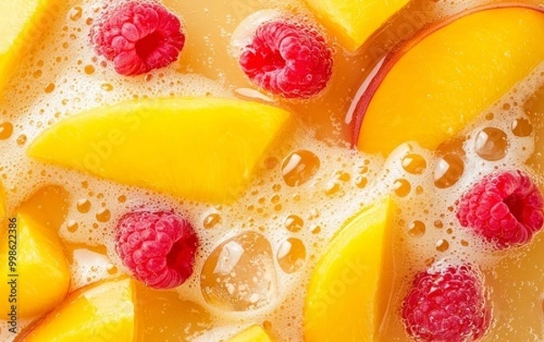 Fototapeta Iced tropical fruit juice with peach, raspberries, and mango, bright yellow liquid with bubbles, surrounded by fresh fruit slices, cool and refreshing drink