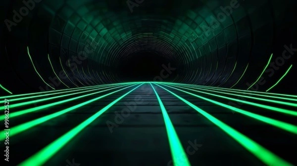 Fototapeta A neon-lit tunnel with vertical and horizontal green grid lines, creating a sense of depth and perspective in a cyber environment.