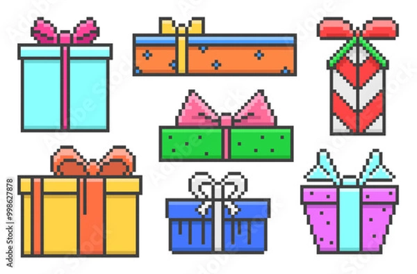 Fototapeta Pixel Art Gift Boxes with a Bow Set. Game gifts in retro style. Vector illustration