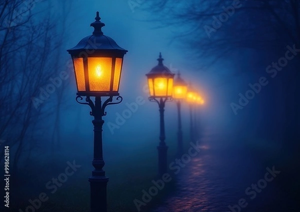 Fototapeta Mysterious Vibrant Street Lamps Illuminating a Quaint Pathway in a Dreamy Urban Setting at Night